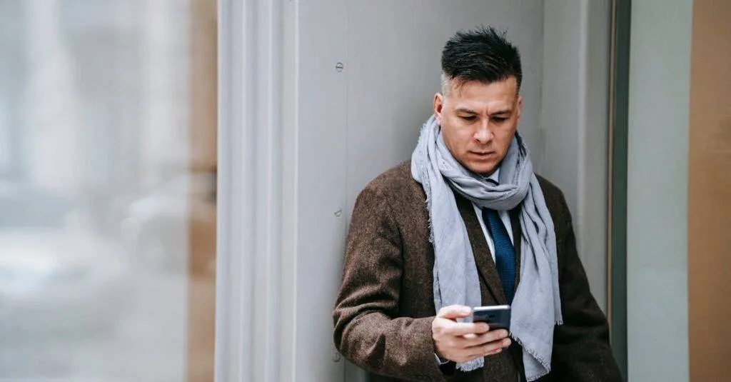 A Stylish Businessman Using A Smartphone Outside In Winter Attire, Conveying Modernity And Technology.