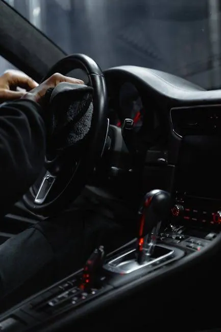Close-Up Of A Person Cleaning A Car'S Dashboard And Steering Wheel, Focused On Interior Maintenance.