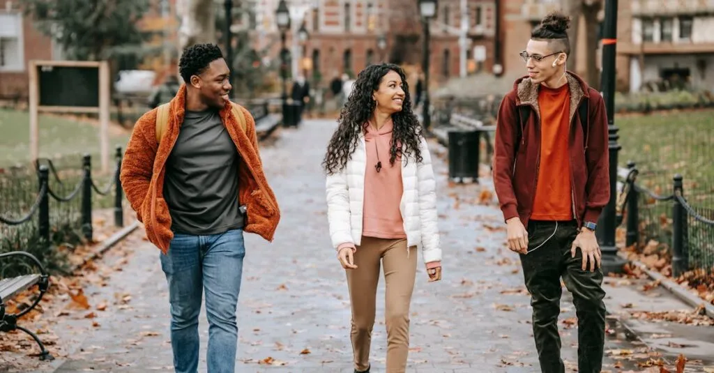 pexels-photo-6146935-6146935 Three friends walking together in Manhattan, smiling as they approach a JetBlack hybrid SUV, highlighting eco-friendly limousine options in NYC for group adventures.