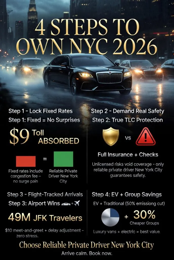 Reliable Private Driver New York City: Surviving 2026 Gridlock With Battle-Tested Rides 3 January 29, 2026 Infographic Reliable Private Driver New York City