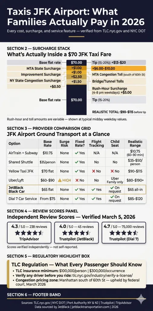 Nyc For-Hire Vehicle Landscape — Jfk Airport Ground Transportation 2026 Nyc For-Hire Vehicle Comparison Black Car Rideshare Yellow Taxi Subway Tlc Licensing Taxis Jfk Airport Infographic.