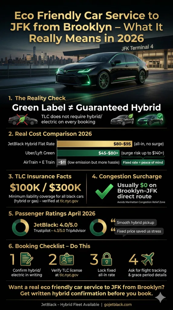Eco Friendly Car Service To Jfk From Brooklyn Comparison Infographic Nyc For-Hire Vehicles Black Car Hybrid Rideshare Taxi 2026