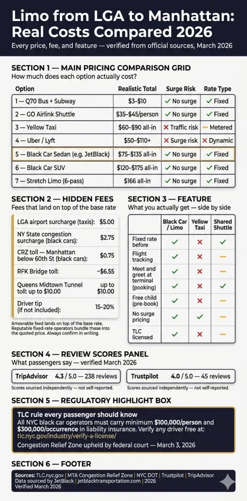 How Much Is A Limo From Lga To Manhattan Nyc For-Hire Vehicle Comparison Infographic 2026