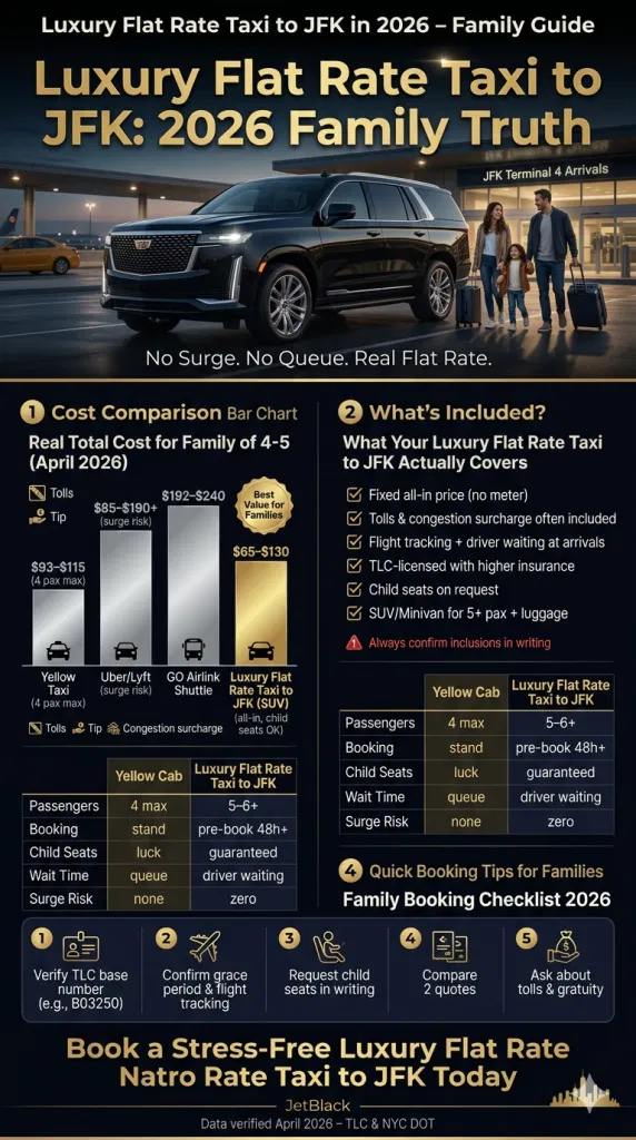 Nyc Jfk Transfer Options Compared — Costs And Features 2026 Luxury Flat Rate Taxi To Jfk Comparison Infographic Black Car Rideshare Yellow Taxi Costs 2026