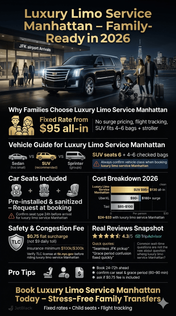 Nyc Luxury Limo Vs Rideshare Vs Yellow Taxi — Family Transfer Comparison 2026 Luxury Limo Service Manhattan Vs Rideshare Vs Taxi Comparison Infographic 2026