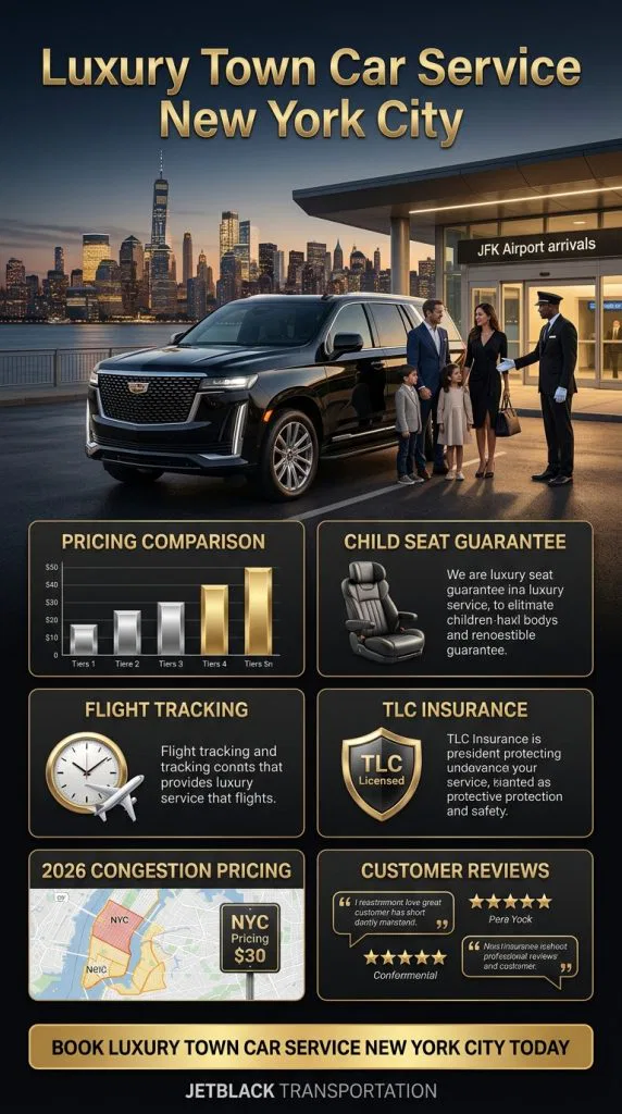 Luxury Town Car Service New York City Comparison Infographic Black Car Taxi Rideshare Subway 2026