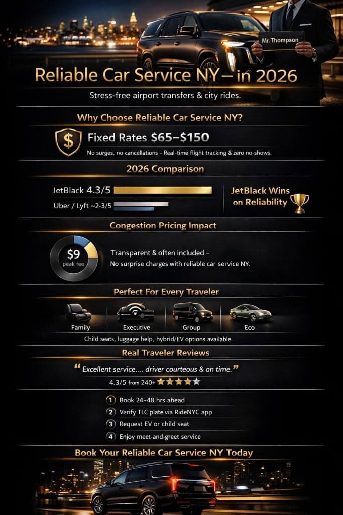 Reliable car service NY versus rideshare options infographic 2026