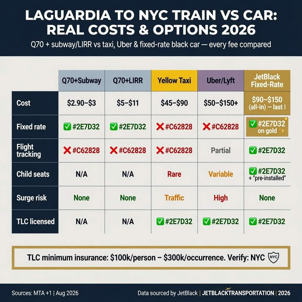 Laguardia To Nyc Train Infographic — Q70 Bus, Lirr Woodside, Fixed Rate Car Service Lga Cost Comparison 2026


