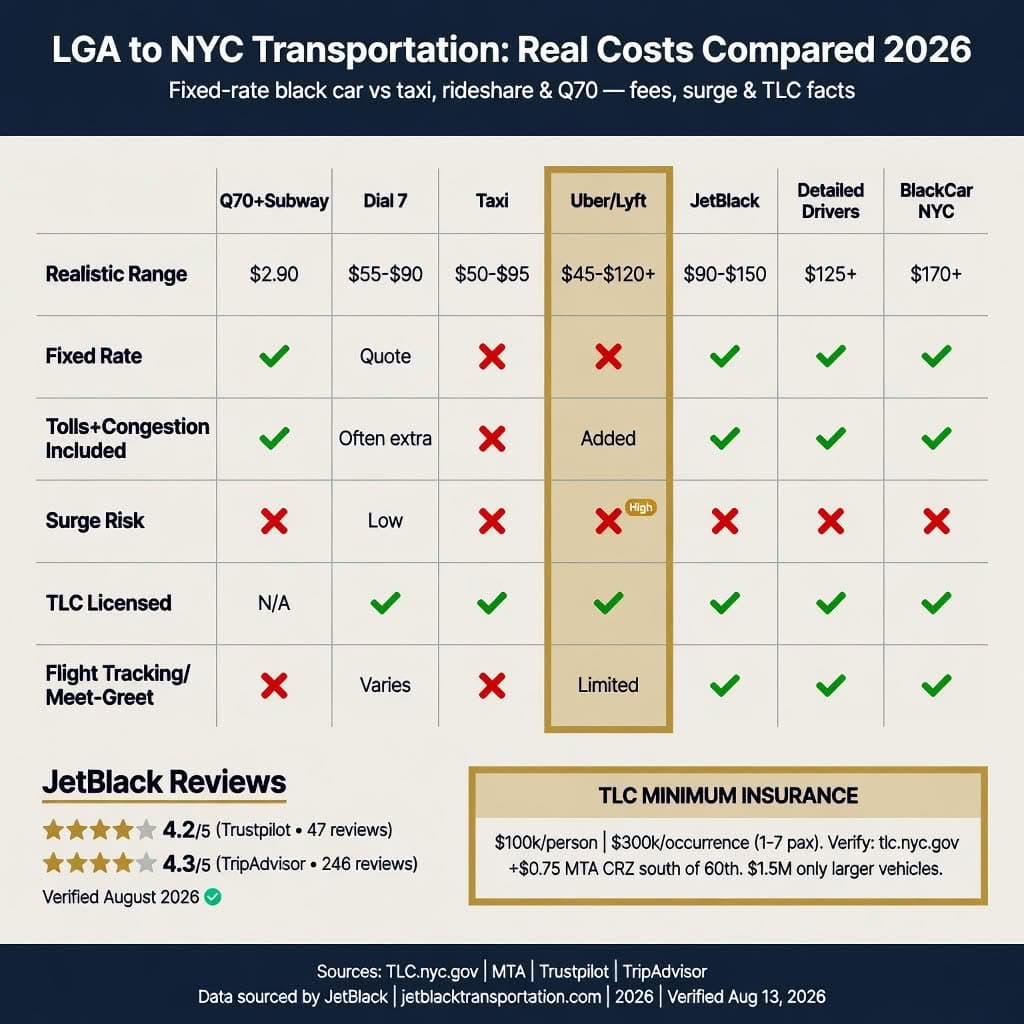 Laguardia To Nyc Transportation: 7 Honest Comparisons For Corporate Bookers In 2026 3 August 16, 2026 Laguardia To Nyc Transportation Costs Compared (2026): Jetblack $90–$150, Taxi $50–$95, Uber $45–$120+, Q70 $2.90. All Fees, Surge Risk &Amp; Tlc Rules Included. Verified August 2026.
