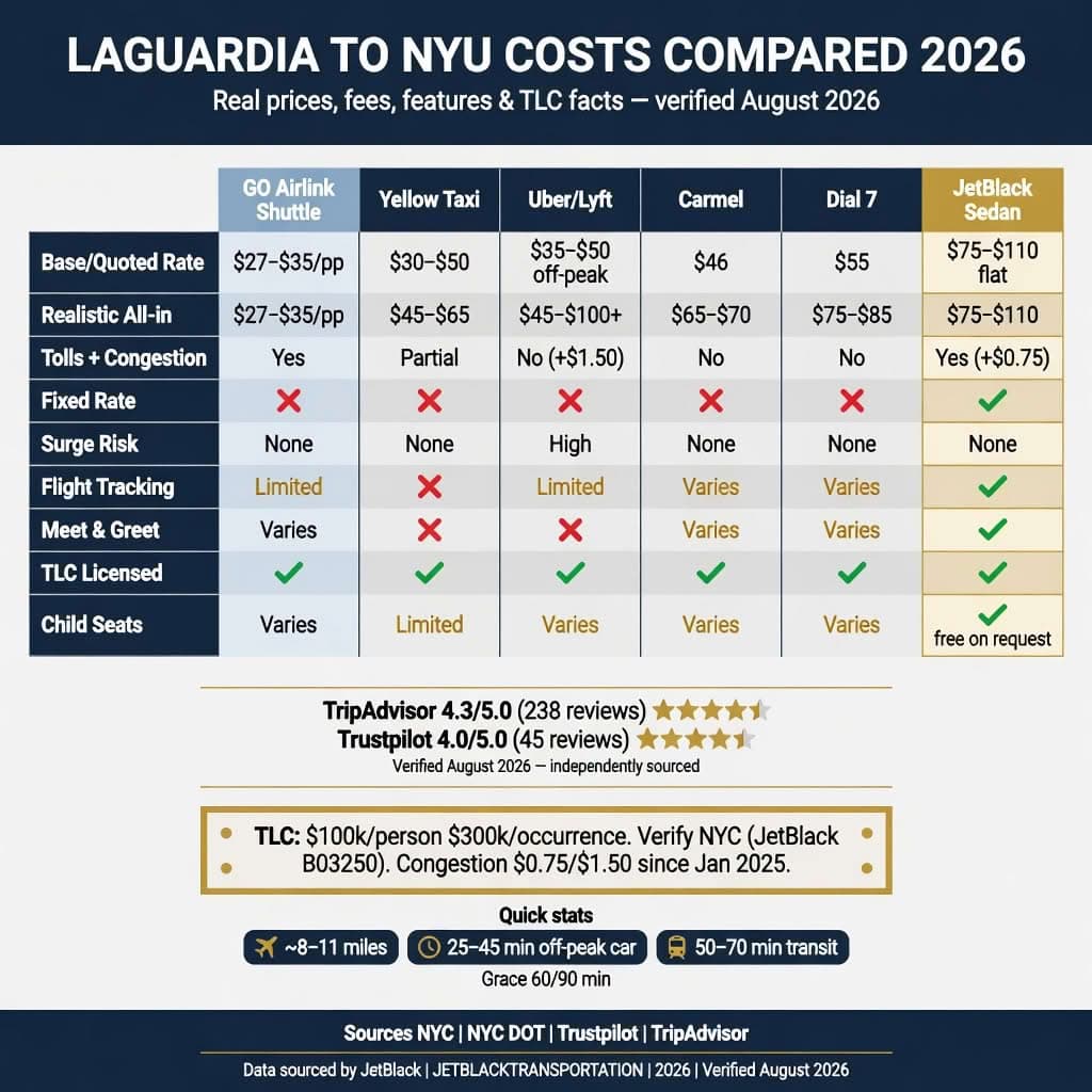 Nyc For-Hire Vehicle Landscape Comparison Table Showing Black Cars, Yellow Taxis, Rideshares, And Limos Across Licensing Tier, Insurance Minimum, Surge Pricing, Fixed Rate Availability, And Tlc Oversight