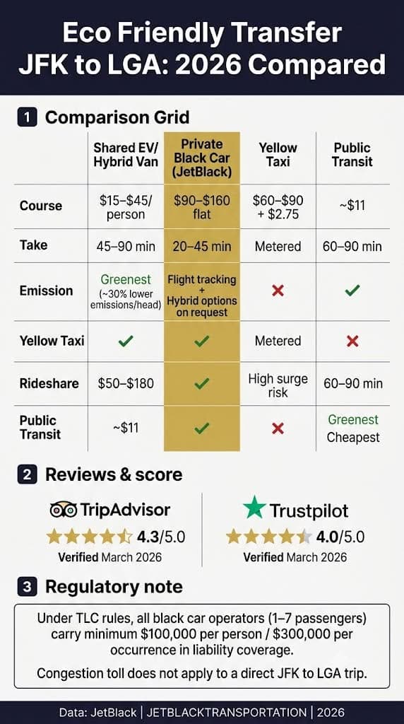 Eco Friendly Transfer From JFK to LGA: Honest 2026 Guide 3 October 26, 2026 Infographic eco friendly transfer from jfk to lga