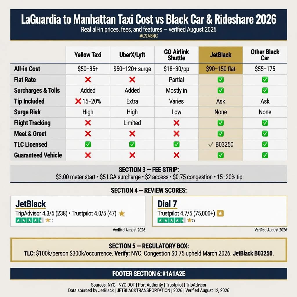 LaGuardia to Manhattan Taxi Cost: 7 Honest 2026 Facts 2 October 12, 2026 NYC For-Hire Vehicle Landscape comparing black cars, yellow taxis, rideshares, and limos across licensing tier, insurance minimum, surge pricing, fixed rate availability, and TLC oversight