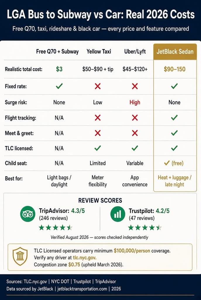 LGA bus to subway vs car cost comparison infographic 2026