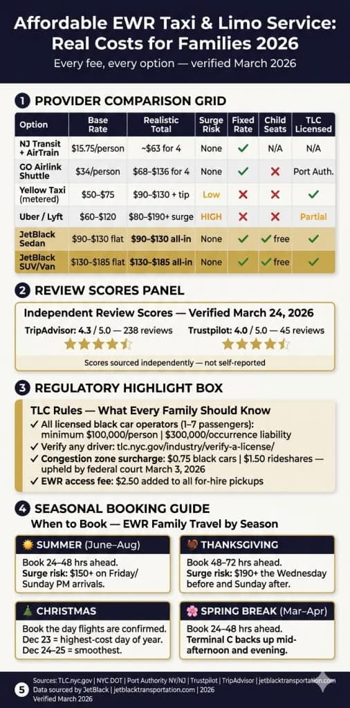 affordable EWR taxi and limo service comparison infographic Newark airport 2026 family cost breakdown