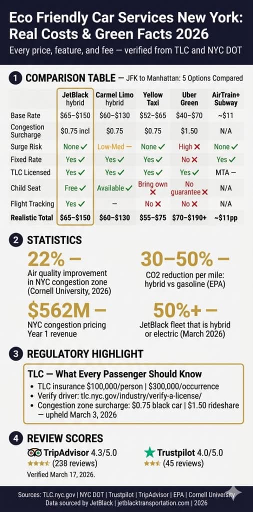 NYC for-hire vehicle comparison infographic — eco friendly car service vs rideshare vs taxi