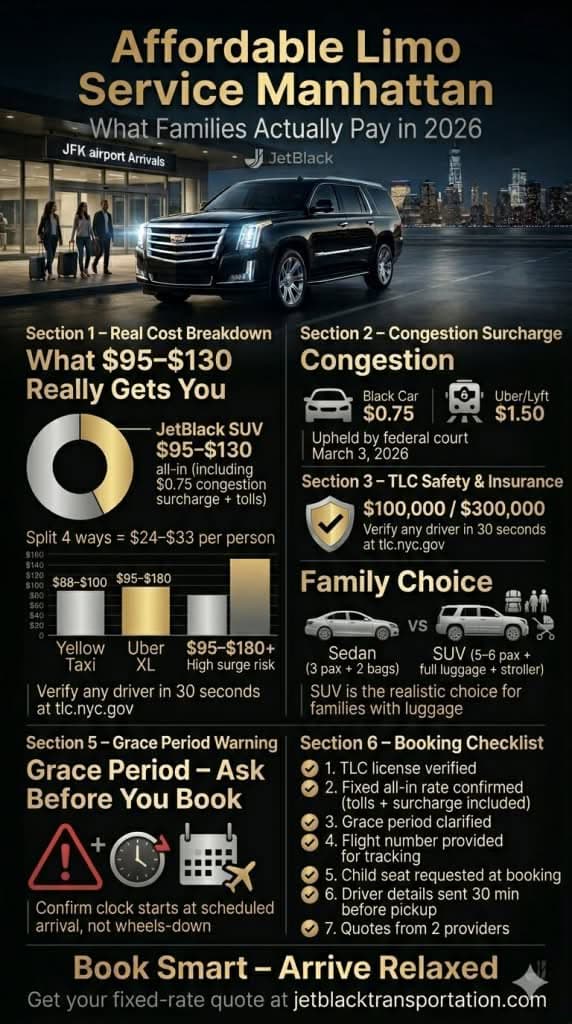 NYC For-Hire Vehicle Landscape — Black Cars vs. Rideshares vs. Yellow Taxis NYC for-hire vehicle landscape comparison infographic affordable limo service manhattan