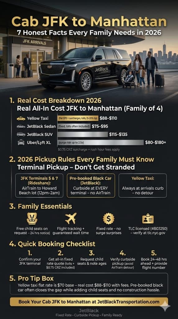 Cab Jfk To Manhattan All Options Compared 2026 Cab Jfk To Manhattan Cost Comparison Infographic 2026 Yellow Taxi Black Car Rideshare Shuttle All Options