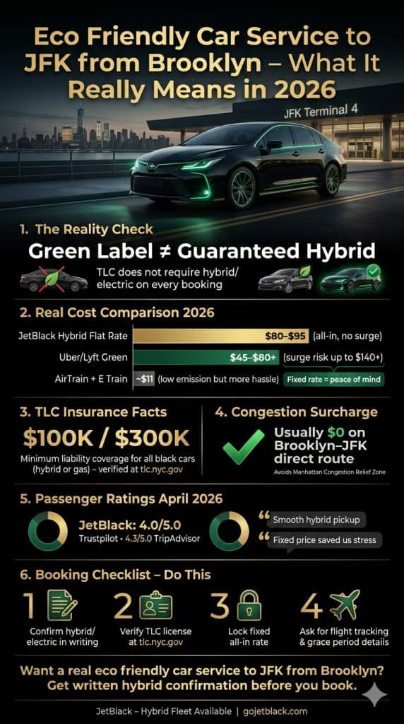 eco friendly car service to JFK from Brooklyn comparison infographic NYC for-hire vehicles black car hybrid rideshare taxi 2026