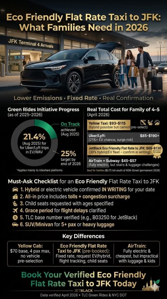 NYC Eco Friendly Flat Rate JFK Transfer Comparison 2026 eco friendly flat rate taxi to JFK infographic comparing EV hybrid yellow cab rideshare black car emissions costs 2026
