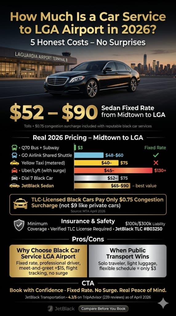 Nyc For-Hire Vehicle Landscape — Lga Airport 2026 Nyc For-Hire Vehicle Landscape Infographic Comparing Black Cars Lga Airport Uber Yellow Taxis And Limos Across Licensing Tier Insurance Minimum Surge Pricing Fixed Rate Availability And Tlc Oversight