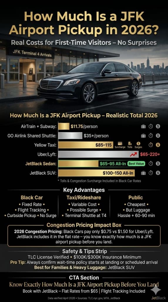 How Much Is A Jfk Airport Pickup 2026 Cost Comparison Infographic All Options Black Car Taxi Subway Rideshare
