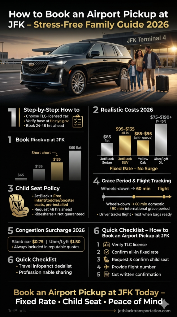 How To Book An Airport Pickup At Jfk Infographic Comparing Black Car Service Yellow Cab Rideshare Costs And Features 2026