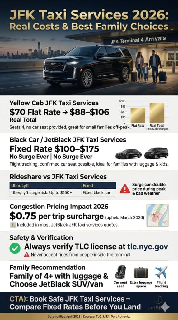 Jfk Taxi Services: 7 Honest Facts For Families In 2026 2 August 27, 2026 Jfk Taxi Services Comparison Infographic 2026 Nyc Ground Transportation Black Car Yellow Cab Rideshare Subway