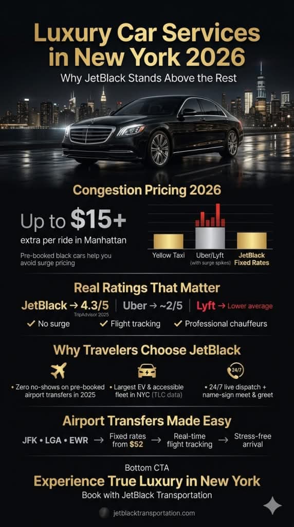 NYC Ground Transportation Options for Families 2026 NYC ground transportation comparison 2026 luxury car services In New York family options infographic