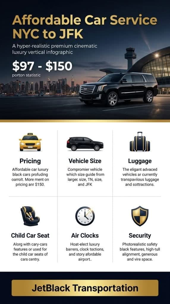 affordable car service NYC to JFK comparison infographic — black car vs taxi vs rideshare for families