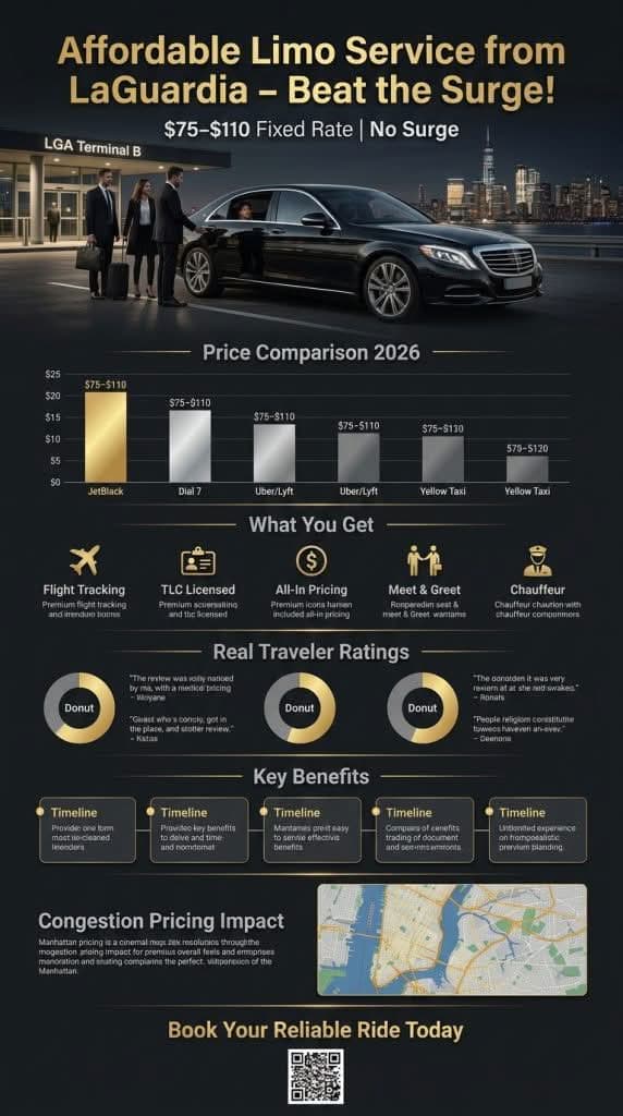 LaGuardia airport ground transport comparison infographic — black car limo service rideshare taxi