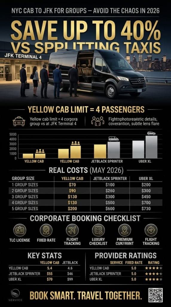 NYC Group Ground Transport Vehicle Comparison 2026 nyc cab to jfk for groups vehicle comparison infographic 2026 sprinter van SUV yellow cab shuttle