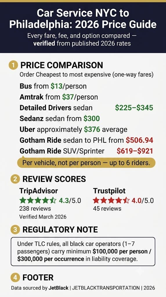 How Much Is A Car Service From New York To Philadelphia? Honest 2026 Guide 3 August 24, 2026 Infographic How Much Is A Car Service From New York To Philadelphia