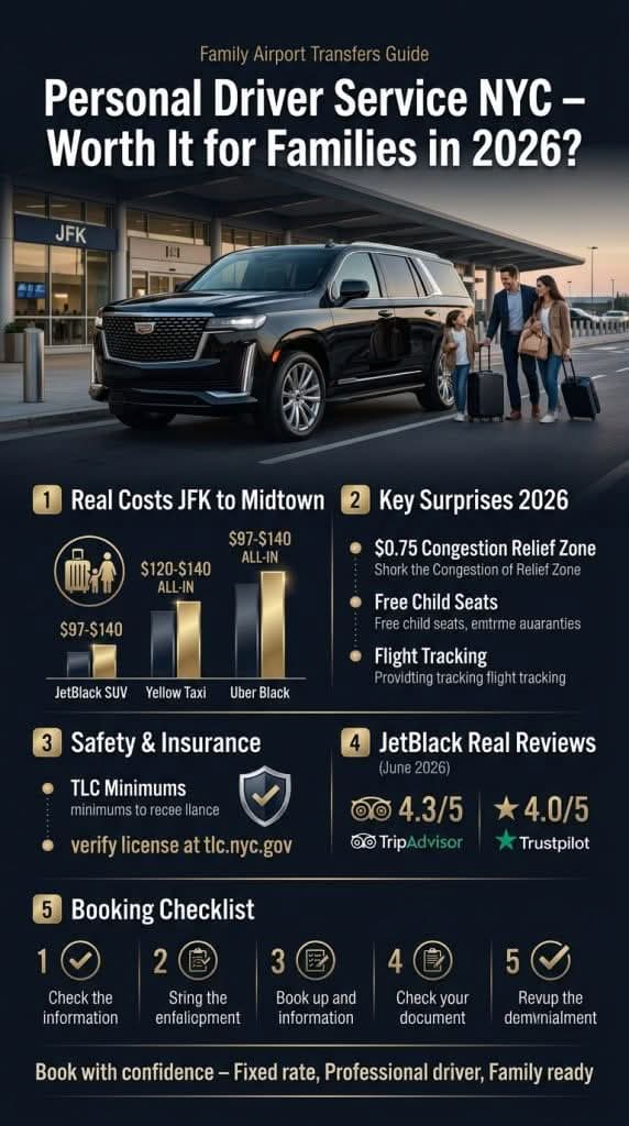 NYC For-Hire Vehicle Landscape 2026 NYC for-hire vehicle landscape infographic comparing personal driver service nyc, yellow taxi, rideshare, and subway