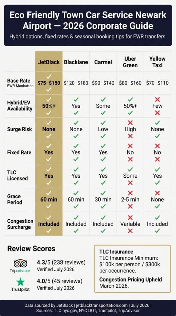 Eco Friendly Town Car Newark Airport 2026 Guide Infographic showing eco friendly town car service newark airport 2026 comparison hybrid fleet options, EWR airport green sedan rates, seasonal corporate booking tips, congestion pricing impact, and TLC regulations for sustainable business transfers