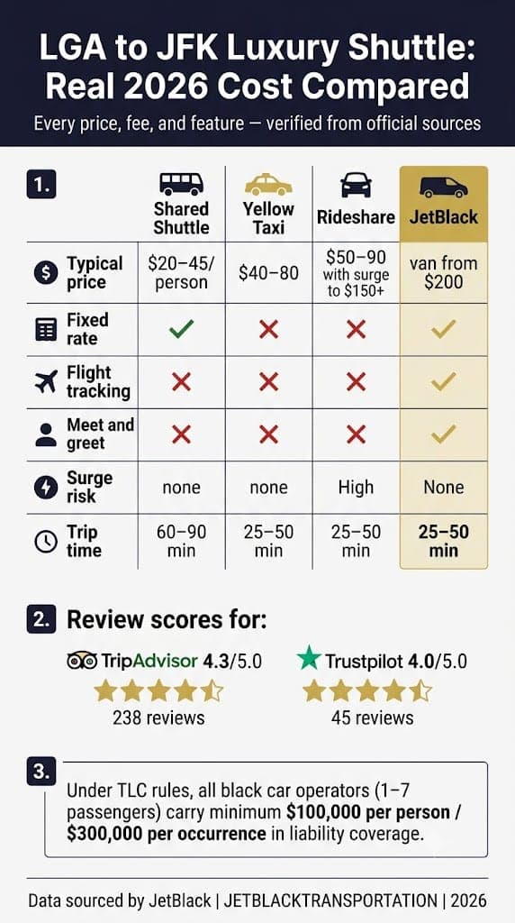 Luxury Airport Shuttle From Lga To Jfk: 5 Honest 2026 Truths 3 August 19, 2026 Infographic Luxury Airport Shuttle From Lga To Jfk
