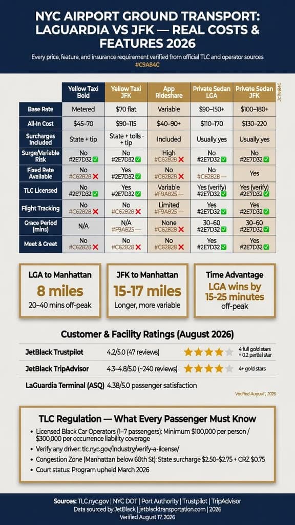 Laguardia American Terminal: 7 Honest Versus Comparisons For Corporate Bookers In 2026 3 August 19, 2026 Infographic Nyc For-Hire Vehicle Landscape Black Cars Yellow Taxis Rideshares Limos Insurance Surge Fixed Rate