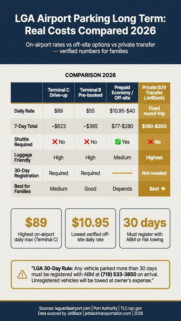 Lga Airport Parking Long Term: 9 Honest Costs And Trade-Offs For Families In 2026 3 August 20, 2026 Nyc For-Hire Vehicle Landscape Comparing Black Cars Yellow Taxis Rideshares And Limos For Lga Airport Parking Long Term Decisions Infographic