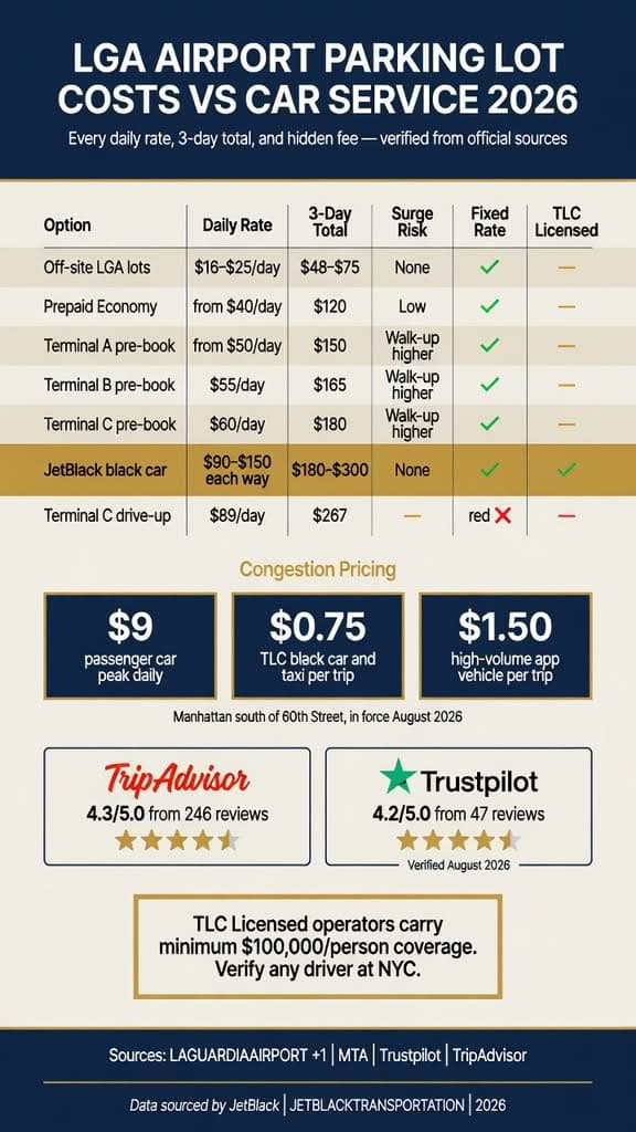 Lga Airport Parking Lot: 7 Honest Costs For First-Timers In 2026 3 August 21, 2026 Nyc For-Hire Vehicle Landscape Comparing Black Cars Yellow Taxis Rideshares Limos Insurance Rates And Surge Infographic