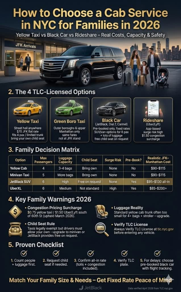 How to Choose a Cab Service in NYC — Vehicle Comparison 2026 how to choose a cab service in NYC infographic comparing yellow cabs black cars rideshares for families