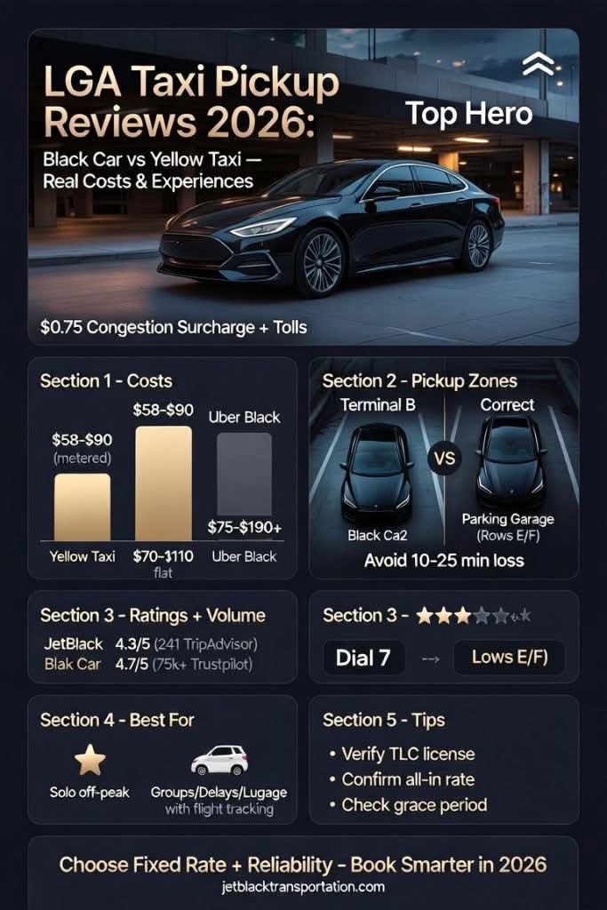 LGA Taxi Pickup Reviews 2026: 7 Proven Facts for Business Travelers 2 October 25, 2026 LGA taxi pickup reviews 2026 comparison infographic black car vs yellow taxi vs rideshare at LaGuardia