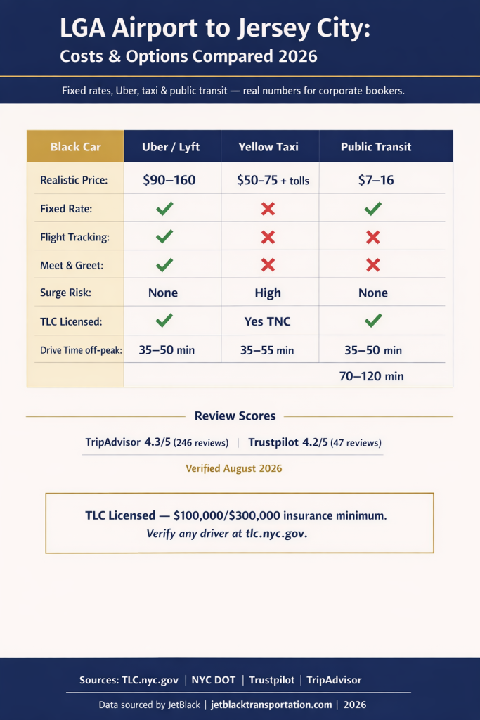 Lga Airport To Jersey City: 7 Honest Facts Corporate Bookers Need In 2026 3 August 21, 2026 Nyc For-Hire Vehicle Landscape Comparison Black Cars Taxis Rideshares Infographic