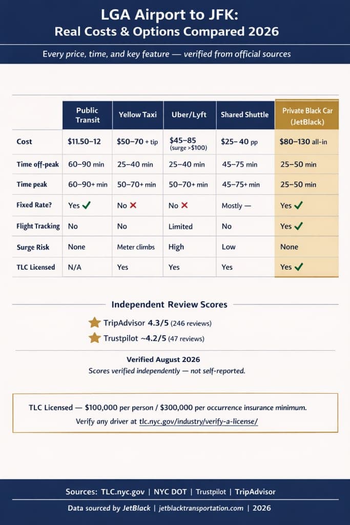 Lga Airport To Jfk: 7 Honest First-Person Facts For 2026 3 August 21, 2026 Nyc For-Hire Vehicle Landscape Comparing Black Cars, Yellow Taxis, Rideshares, And Limos Infographic