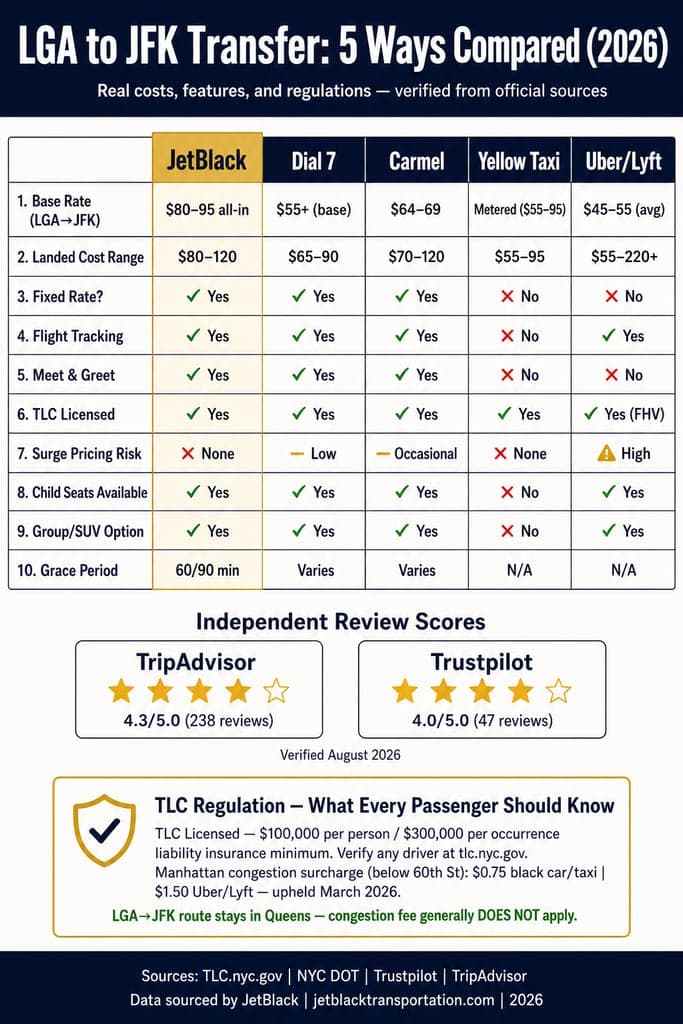 Nyc For-Hire Vehicle Landscape Comparison Chart For Lga New York Laguardia To Jfk Transfers: Black Cars, Yellow Taxis, Rideshares, And Limos Across Licensing Tier, Insurance Minimum, Surge Pricing, Fixed Rate Availability, And Tlc Oversight Infographic