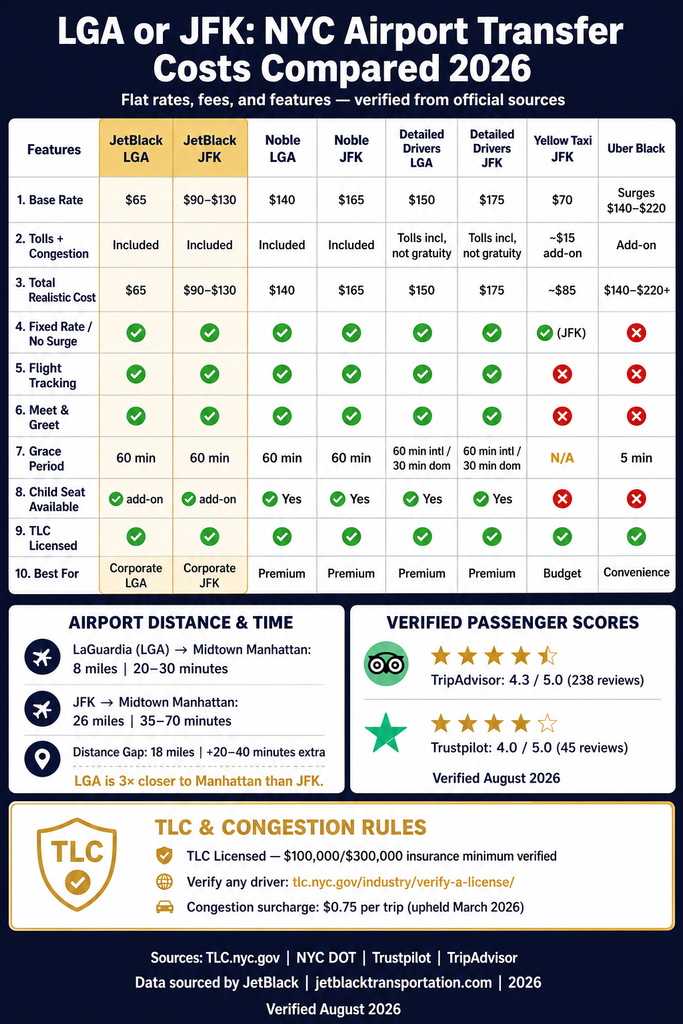 Nyc For-Hire Vehicle Landscape — 2026 Nyc For-Hire Vehicle Landscape Comparison Table Showing Black Cars, Yellow Taxis, Rideshares, And Limos Across Licensing Tier, Insurance Minimum, Surge Pricing, Fixed Rate Availability, And Tlc Oversight Infographic