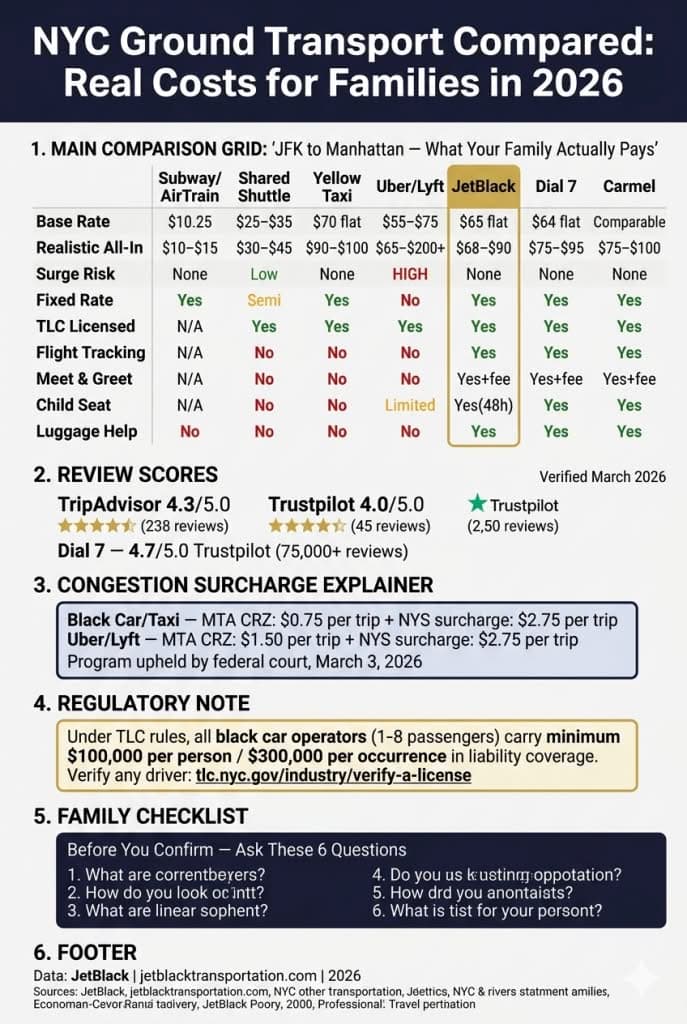 NYC for-hire vehicle landscape infographic comparing reliable car services in new york black cars yellow taxis rideshares by licensing insurance and fixed rates