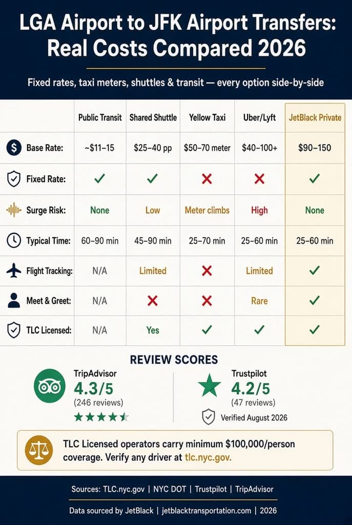 Lga Airport To Jfk Airport Transfers: 7 Honest Facts For 2026 3 August 21, 2026 Lga Airport To Jfk Airport Transfers Infographic — 2026 Cost Comparison Of Transit, Shuttle, Taxi, Rideshare &Amp; Jetblack