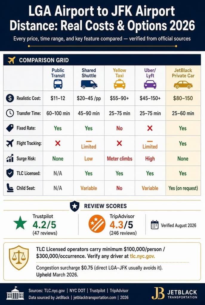 Lga Airport To Jfk Airport Distance Infographic — 2026 Comparison Of Costs, Transfer Times And Features Across Five Nyc Airport Transfer Options