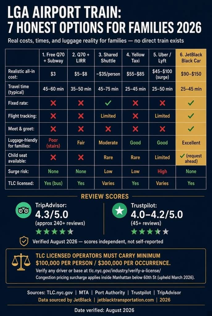 Lga Airport Train: 7 Honest Options For Families In 2026 3 August 21, 2026 Nyc For-Hire Vehicle Landscape Comparing Black Cars, Yellow Taxis, Rideshares, And The Free Q70 Bus For Lga Airport Transportation Options Infographic