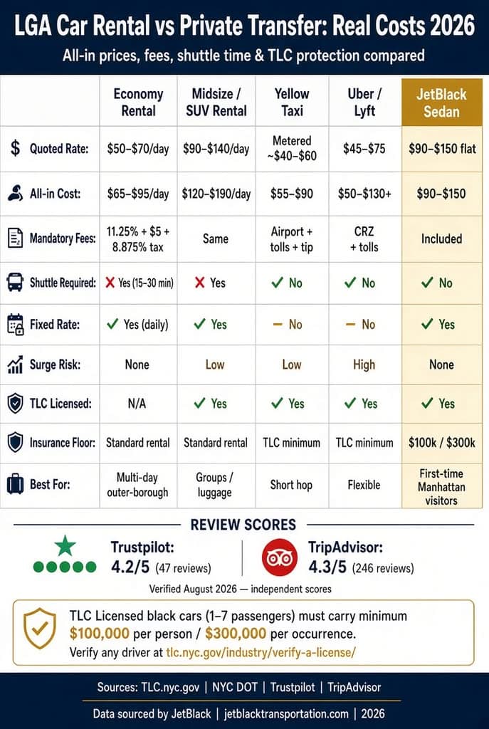 Lga Car Rental: 7 Honest Facts First-Timers Need In 2026 3 August 23, 2026 Nyc For-Hire Vehicle Landscape Comparison Of Black Cars, Taxis, Rideshares And Limos Infographic