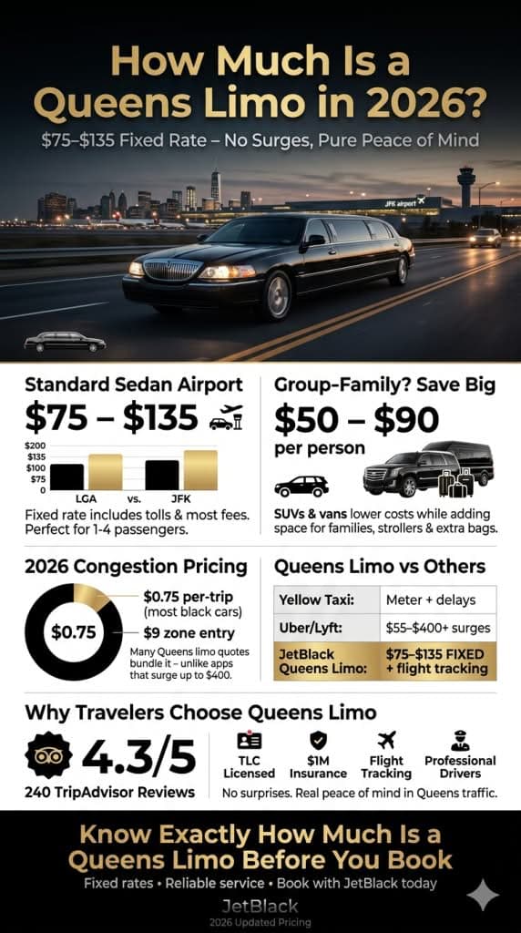 how much is a queens limo Infographic answering how much is a Queens limo in 2026 compared to taxis, Uber, and other options